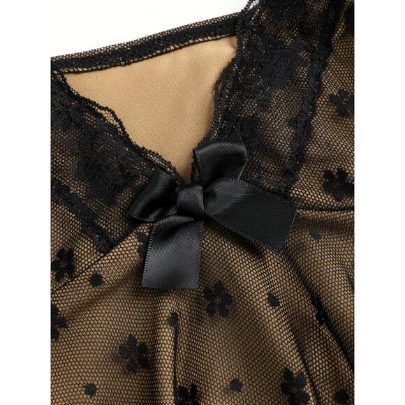 NWT Sexy Floral Lace VNeck Ruffle Cami Stretch Top Adjustable Straps L Black Tan - Picture 9 of 13